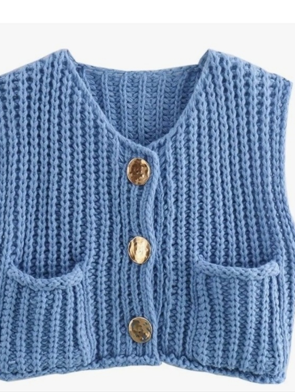Light Blue Ribbed Knit Button-Front Vest